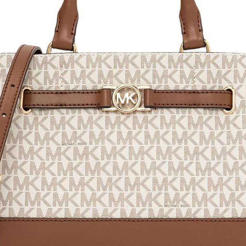Michael Kors Logo Hardware Firma Tela Rivestita Ecopelle Borsa a Mano Piccola da Donna Vaniglia
