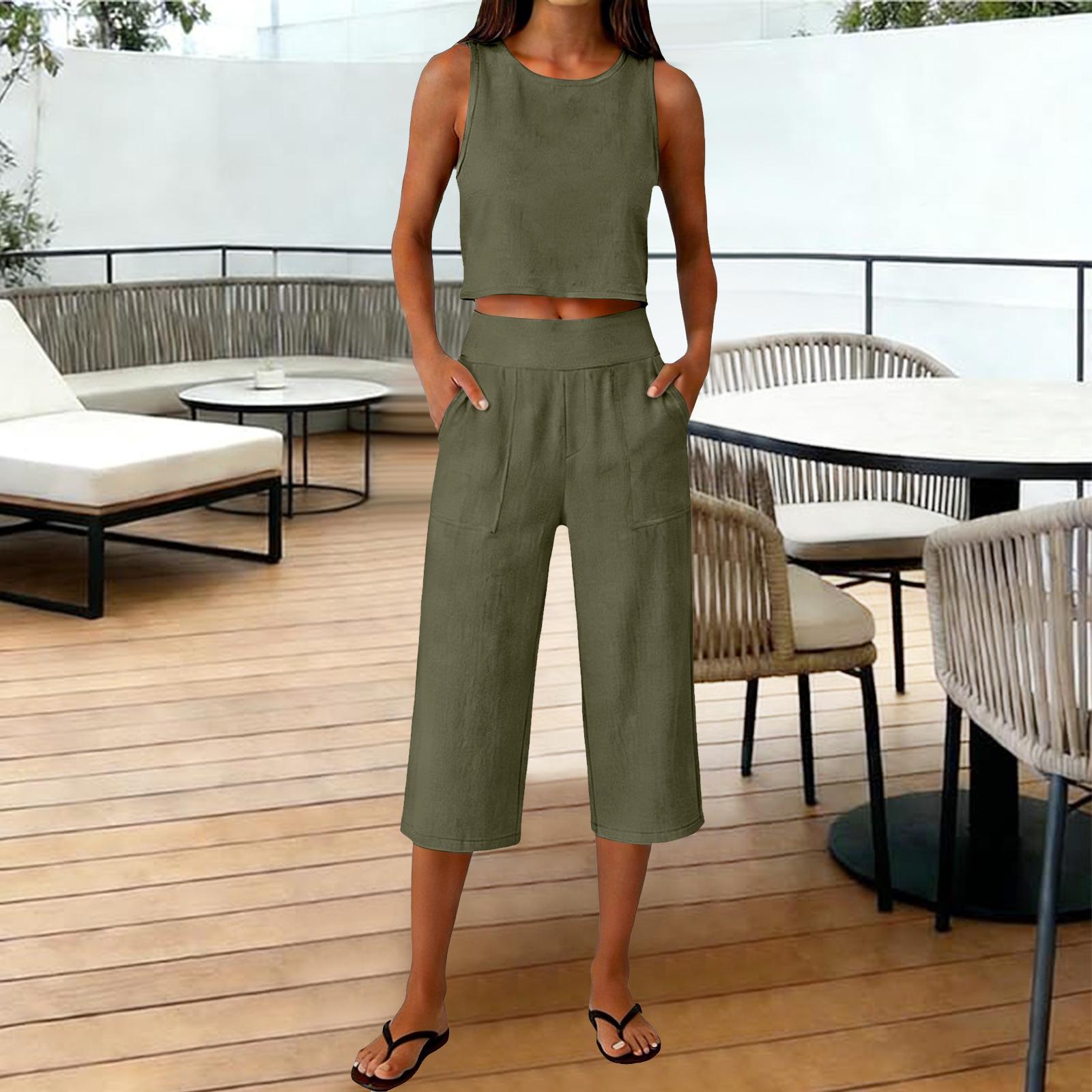 Women s Fashion Sleeveless Top And Wide-Leg Pants Cotton-Linen Set L
