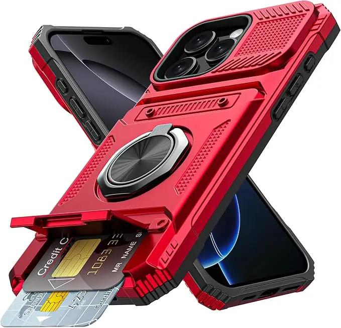 Phone Case For IPhone 13 14 15 16 Pro Max Plus Shockproof Heavy Duty Hard with Card Slot Magnetic Ring Holder Protective Cover