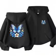 Butterfly Flower Girl Pink Hoodie Zip Up Cardigan Tops Black Hoodies 3-12 Year Zipper Style Children Red Autumn Coat