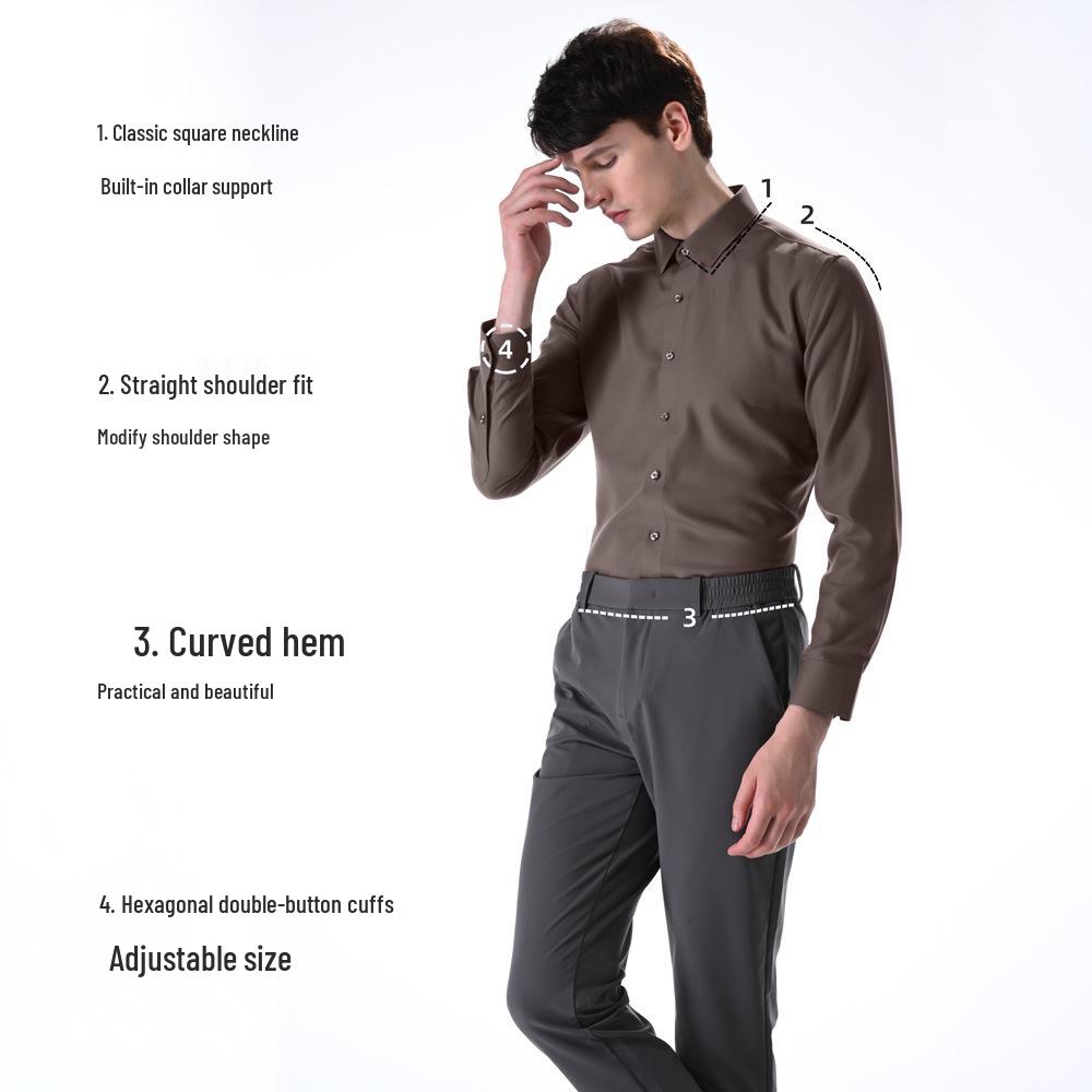 Men's Slim Fit Long Sleeve Modal Tencel Wool Shirt - Iron-Free, Machine Washable, Solid Color, Business Attire.
