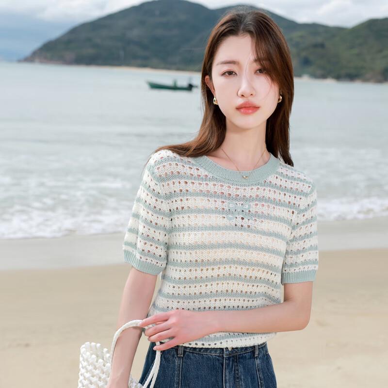 

Sancai Plus Size Women s 2025 Summer Striped Knit Short Sleeve Top 3XL