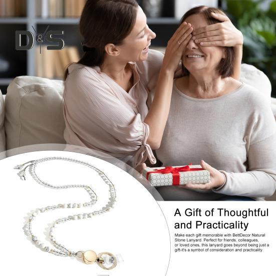 Natural Stone Faux Crystal Card Holder Adjustable ID Lanyard Women Handmade Beaded Badge Holder Lanyard