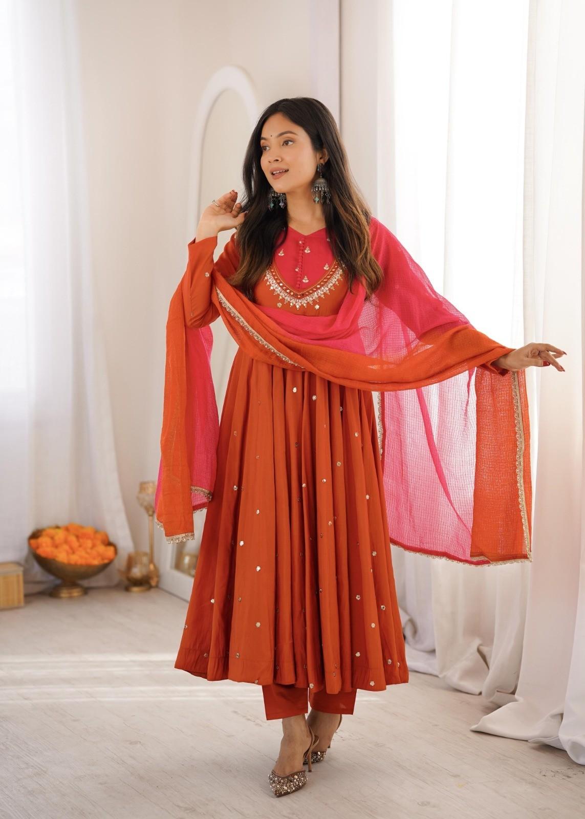 Indian Bollywood Designer Anarkali Suit Beautiful Party Wear Salwar Kameez Dress M-38 оранжевый