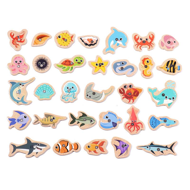 Wooden Fishing Toys For Children Magnetic Marine Life Cognition Fish Games Parent-Child Interactive Educational Toy