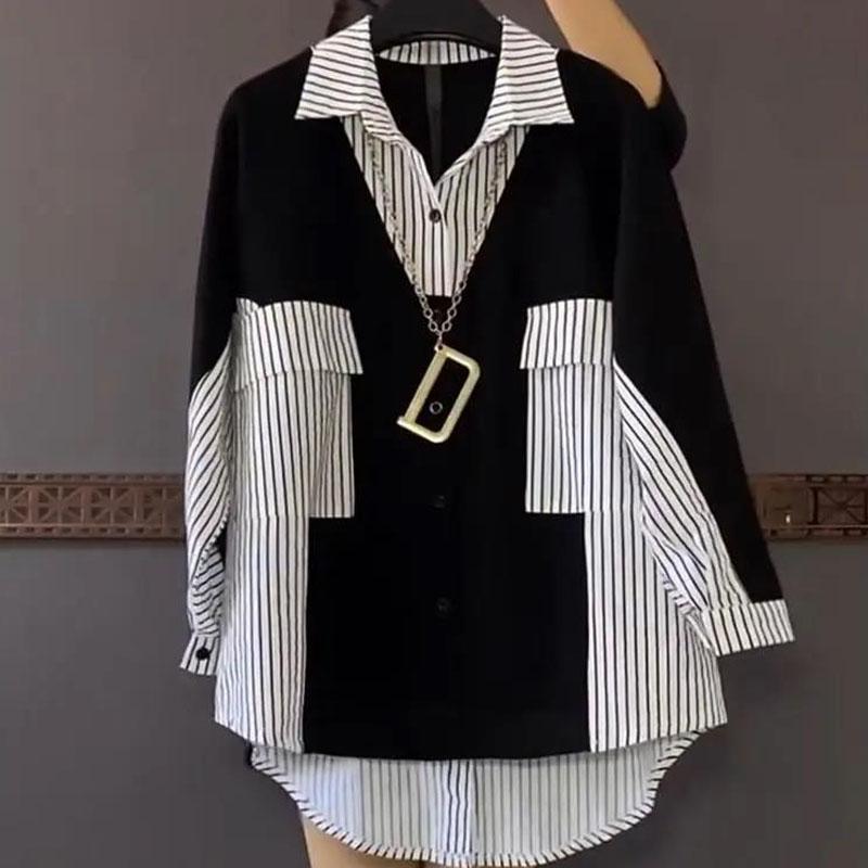 Fashionable Korean Striped Patchwork Shirt Women's Casual Versatile Loose Single Breasted Long Sleeve Blouse Women's Clothing