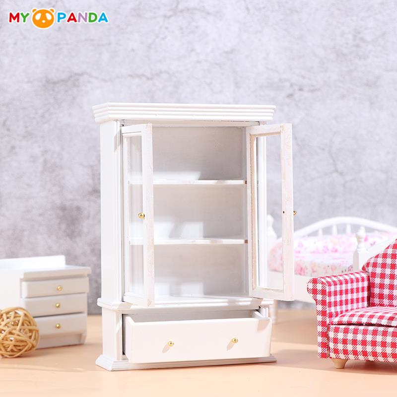 1:12 Dollhouse Miniature White Wooden Double Door Glass Display Cupboard Cabinet Showcase With Drawer Dollhouse Decor