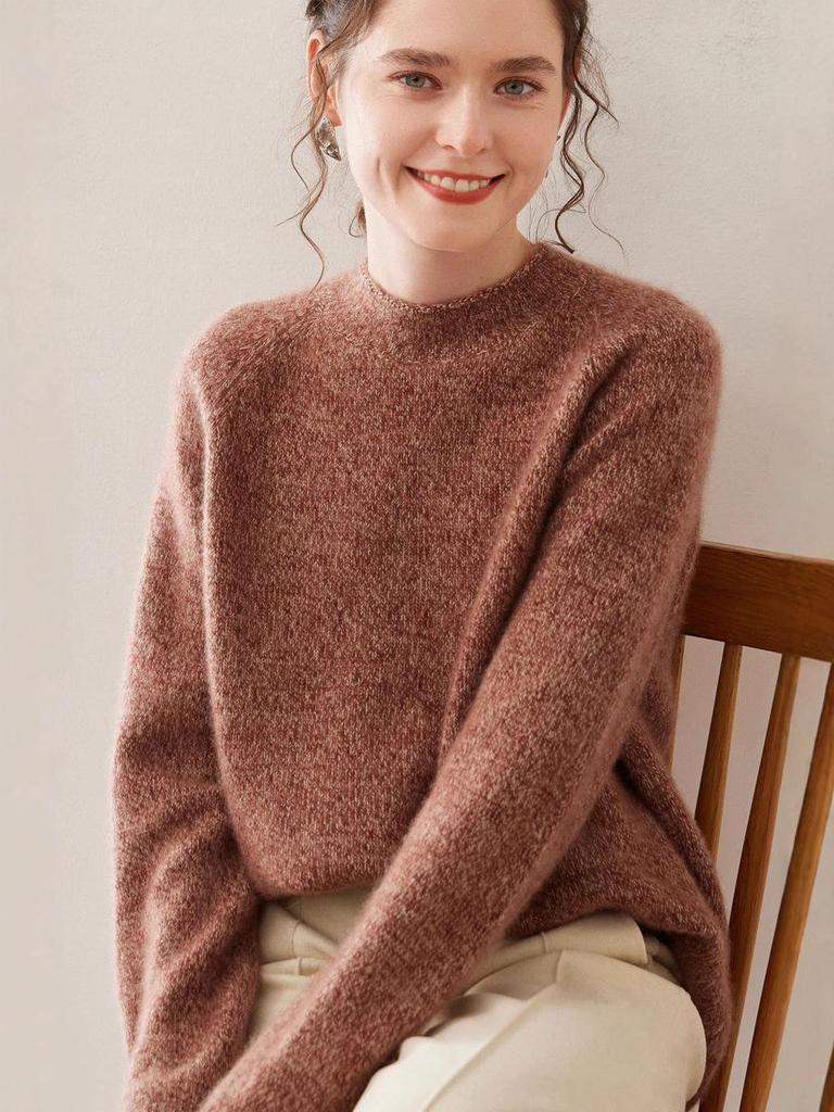 Women's Thickened Cashmere Sweater: Half-High Collar, Raglan Sleeve, Marled Yarn, Rolled Hem, Warm Long Sleeve Base Layer.