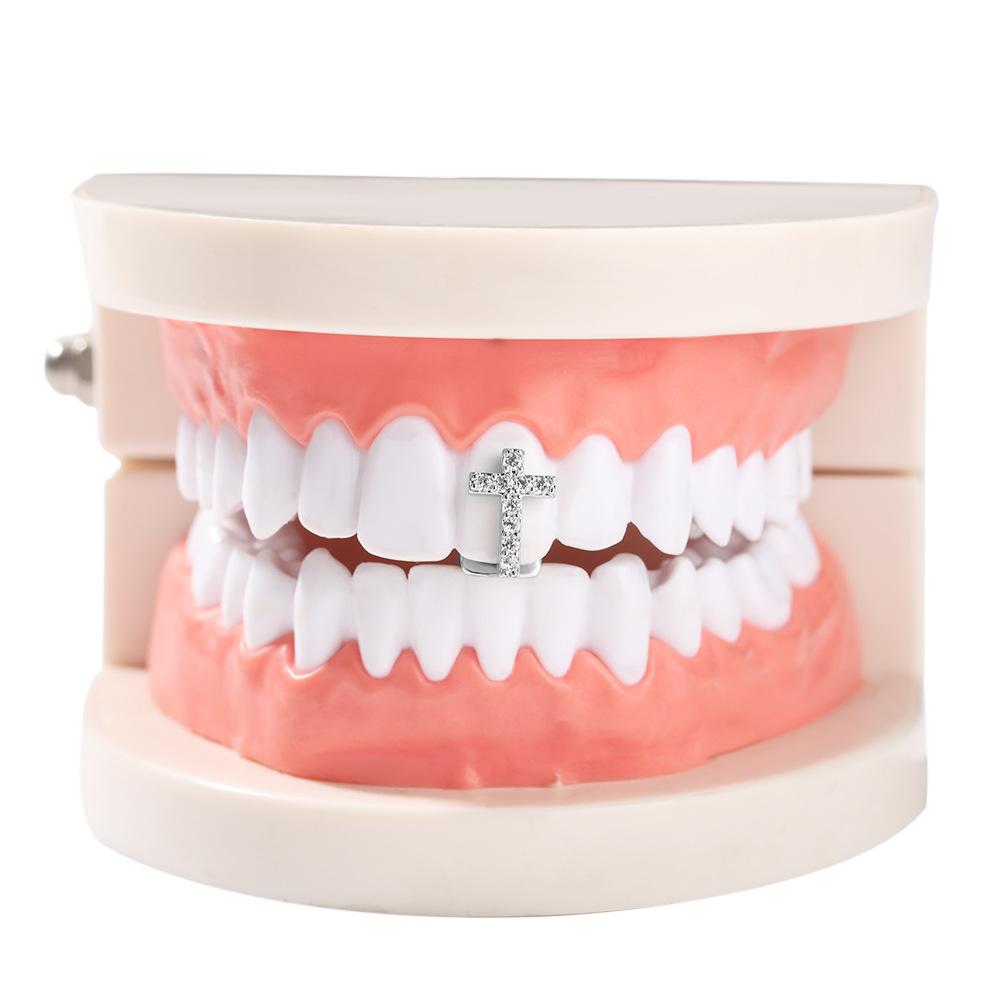 New Hip Hop Gold Braces Personalized Niche TeethGrillz Micro Zircon Cross Single Tooth Braces