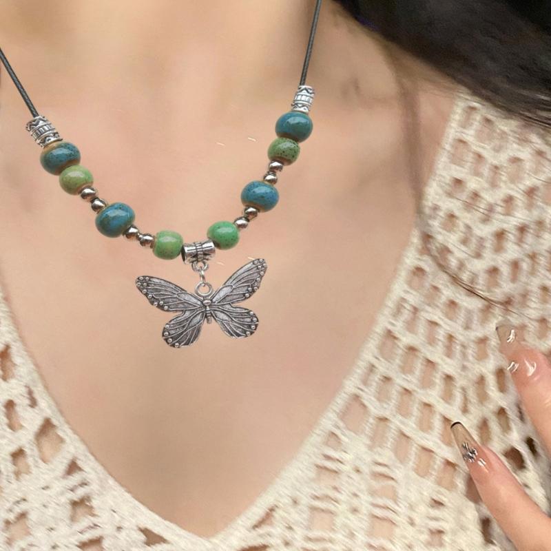 Color Beads Pendant Necklace Sweet Butterflies Clavicle Chain Female Summer Adjustable Rope Necklace Sweater Chain