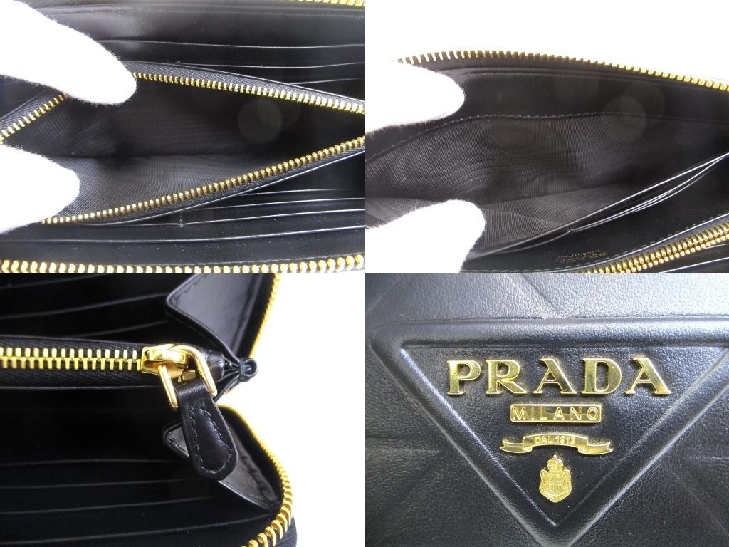 Authentic PRADA Triangel Black Leather Gold H/W Large Round Zip Long Wallet #b076  Seller Refurbished