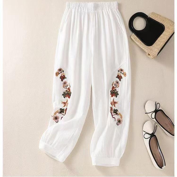 

Летние брюки-шаровары из хлопка и льна с вышивкой цветов, женские, повседневные, винтажные, с карманами, длиной до щиколотки M