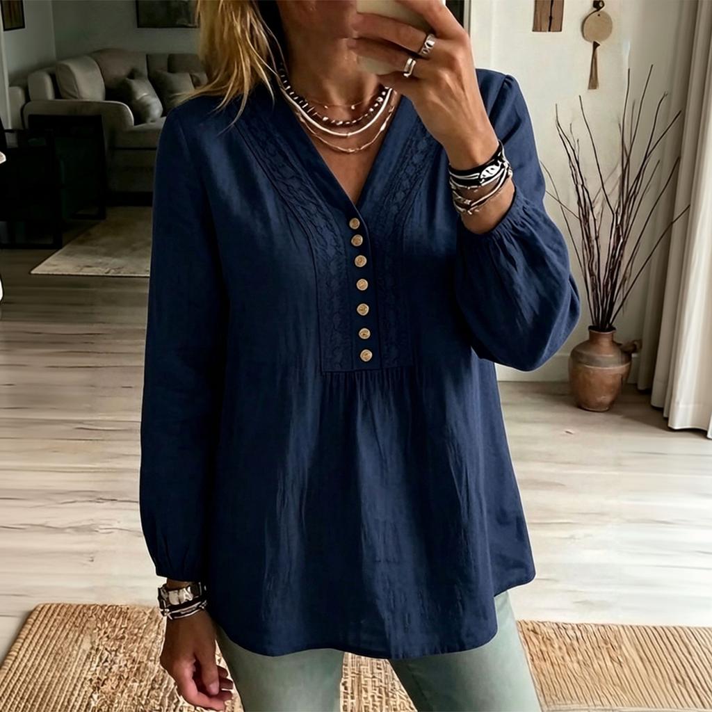 Women's V-Neck Lace Trim Long Sleeve Blouse Color Button Front Casual Shirt Top