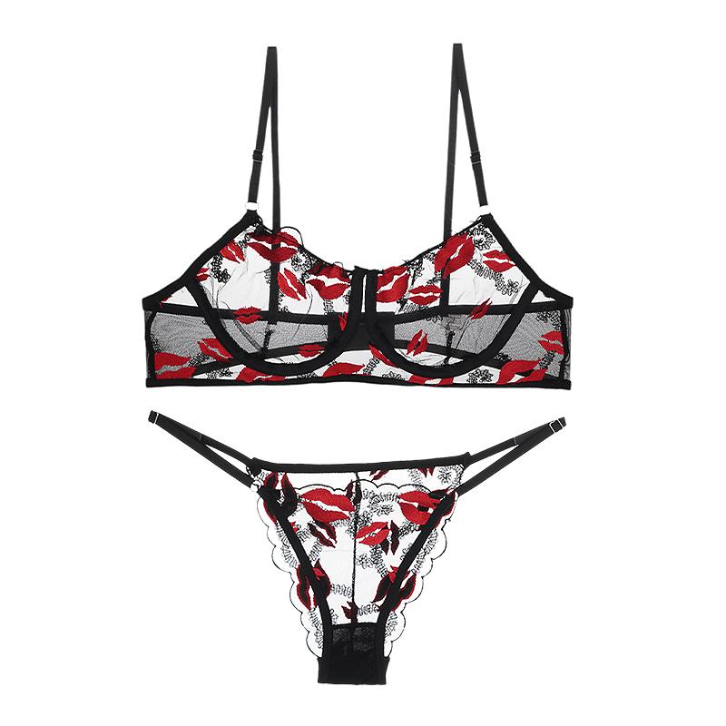 Women Transparent Sexy Lace Bra Set Underwired Bras Thin Female Pure Desire Underwear Floral Thong Sexy Lingerie Set