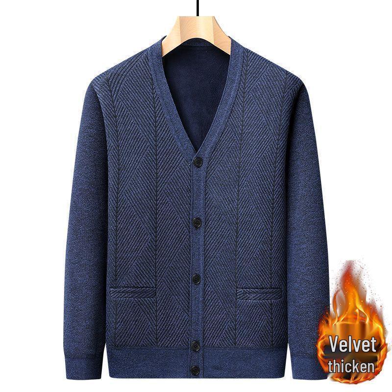 Men's V-Neck Thick Fleece Cardigan: Warm Knitwear for Dad and Grandpa