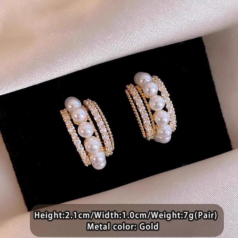 Exquisite French-style Pearl-accented Zircon C-shaped Gold Color Earrings 2026 New Design Jewelry Luxurious Accessory for Women