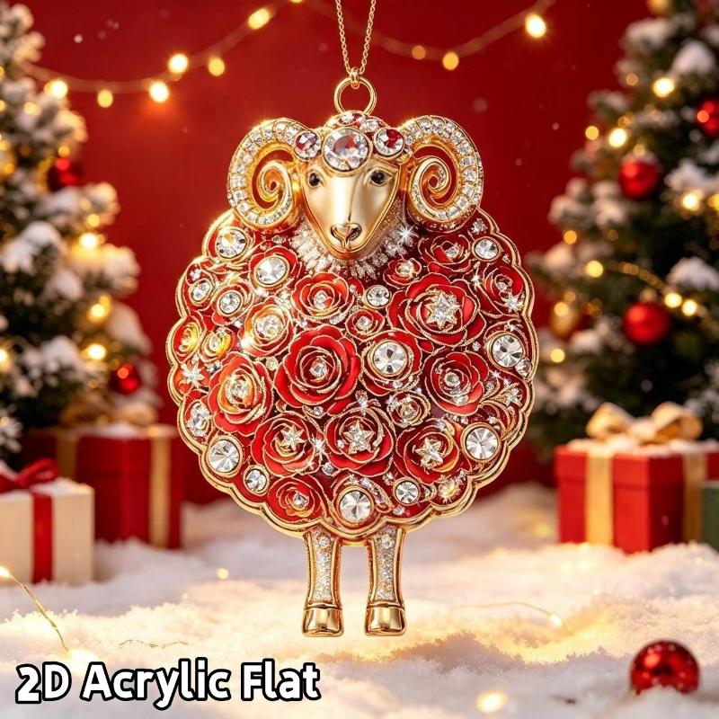 2D Flat Acrylic Red Gold Chinese Zodiac Goat Christmas Hanging Pendant Xmas Tree Ornament New Year Car Pendant