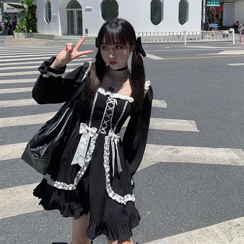 Japanese Style Black Lolita Mini Dres Women s Autumn Square Neck Long Sleeve A Line Dress with Lace Slim Fit Gothic Coquette Dress for Fall Streetwear One size fits all чёрный