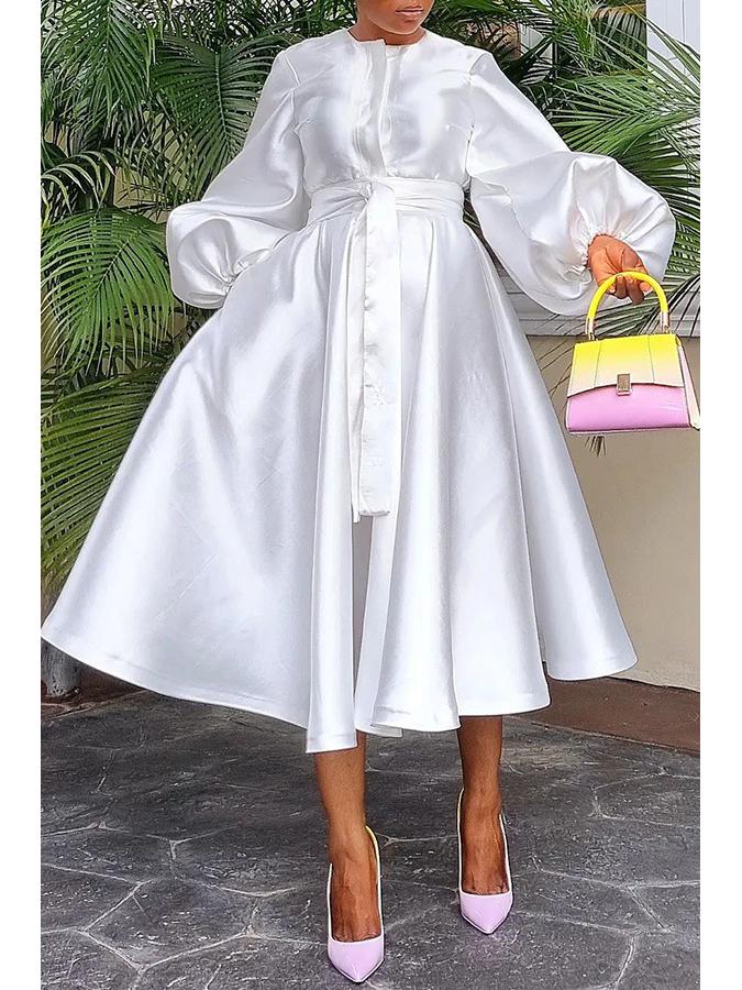 European & American Women's Solid Color Shiny Lantern Sleeve Dress