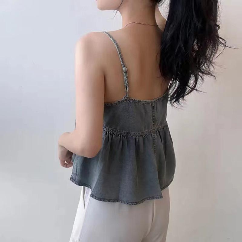 Stylová Elegance Móda Dámské Business Casual Vesta Vnější Oblečení Krátké Topy Výstřih do V Džínová Spodní Košile Skládaný Design Volánky Volný Podvazky Dámské