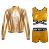 Kids Girls Sparkling Sequined Dance Costume Sleeveless Crisscross Strap Crop Top with Shorts and Metallic Jacket