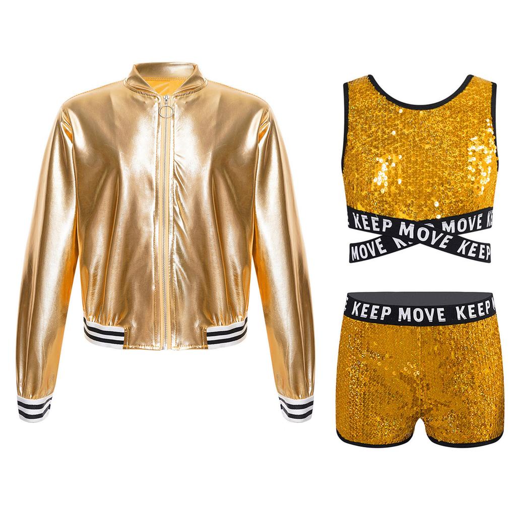 Kids Girls Sparkling Sequined Dance Costume Sleeveless Crisscross Strap Crop Top with Shorts and Metallic Jacket