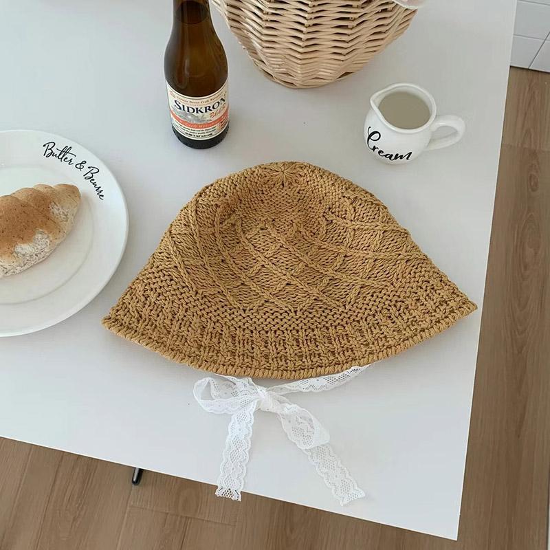 Summer Hollow Out Knitted Bucket Hat for Women Lace Up Sunshade Foldable Straw Hats Korean Girl Breathable Sunscreen Basin Cap