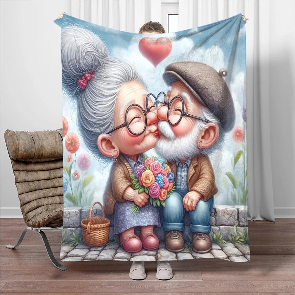 Cartoon-Opa und -Oma Flanelldecke Weich Warm Halten Überwurfdecke Decke Für Sofa Bett Büro Camping Reisen Geschenke