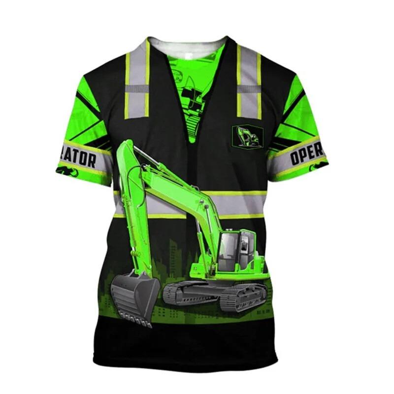 Excavator 3D Print T-shirt For Men Machinery Operator Stripe Short Sleeve Breathable Loose T Shirts Outdoor Summer Work Clothes