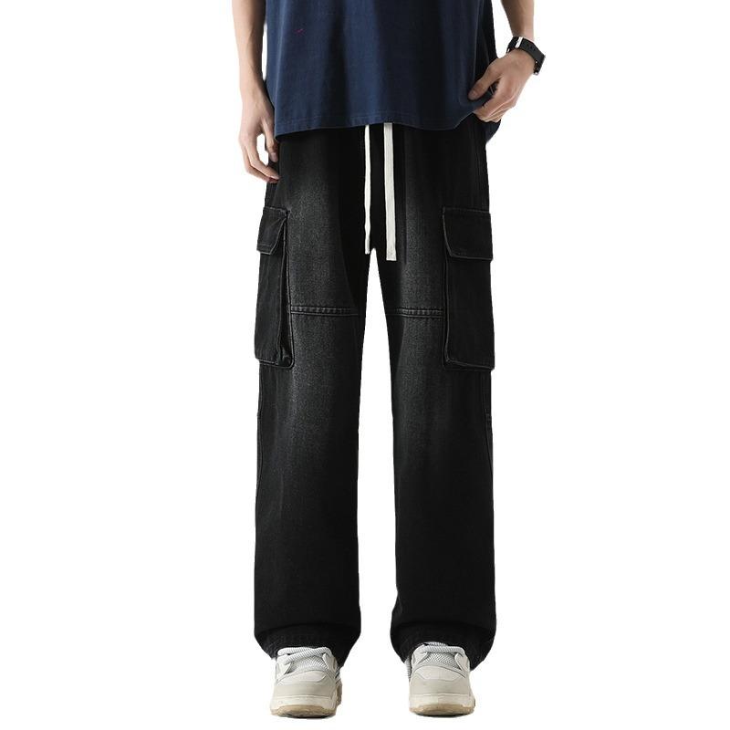 Spring and summer new loose straight tooling jeans men's American trendy brand elastic waist lace-up trousers