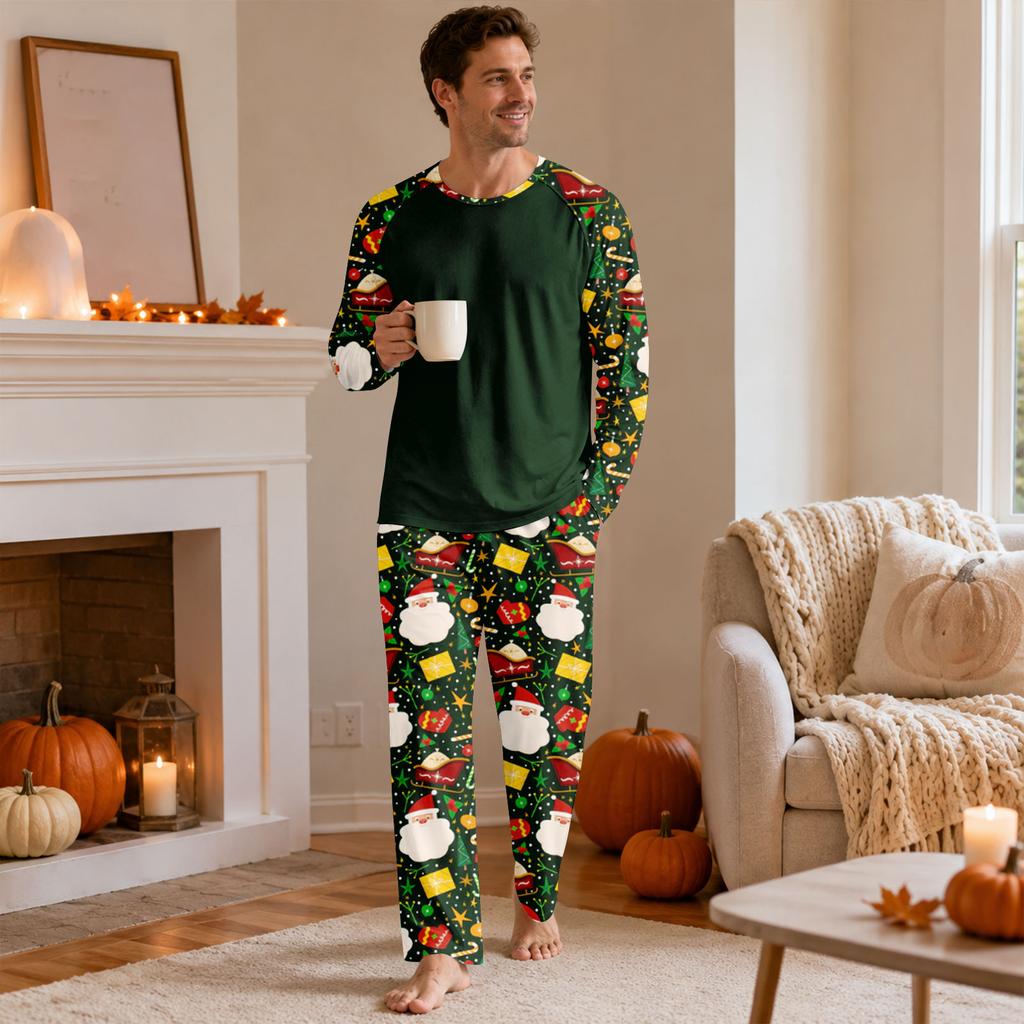 Erkek Yılbaşı -Bisiklet Yaka Uzun Kollu Üst ve Pantolon Pijama Takımı Günlük ve Rahat