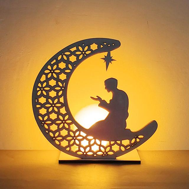 Wooden Moon Star Lights Eid Mubarak Gurbang Muslim Decoration for Home Eid Al Adha Lights