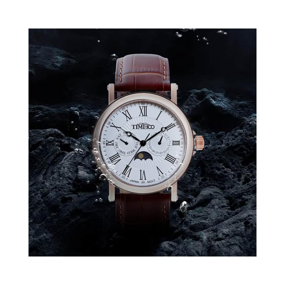 Time100 Multifunction Men's Watch Date Day Display 24-Hour Indicator Japanese Movement Black Leather Strap Rose Gold