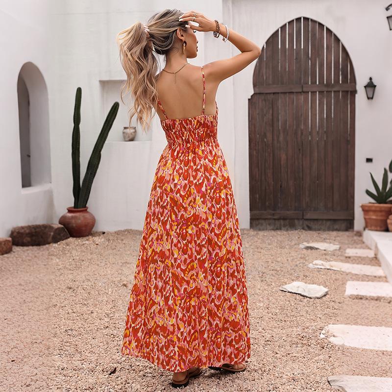 Womens Floral V Neck Summer Dresses, Boho Spaghetti Strap Sexy Elegant Beach Wedding Guest Sundress Vacation