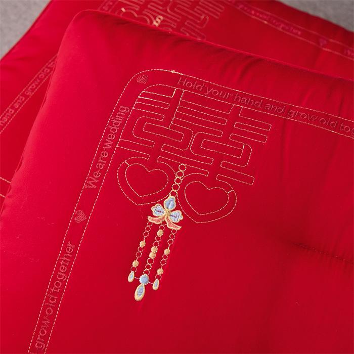 Embroidered Red Wedding Pillow - All-Cotton Feather Velvet for Newlywed Celebration