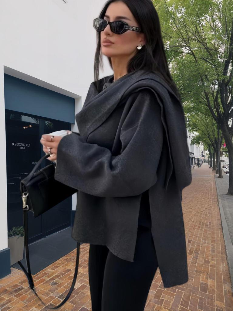 2024 Autumn/Winter Women's Asymmetrical Long-sleeve Knitted Scarf Coat - European/American Style, Solid Color, Fashionable Temperament