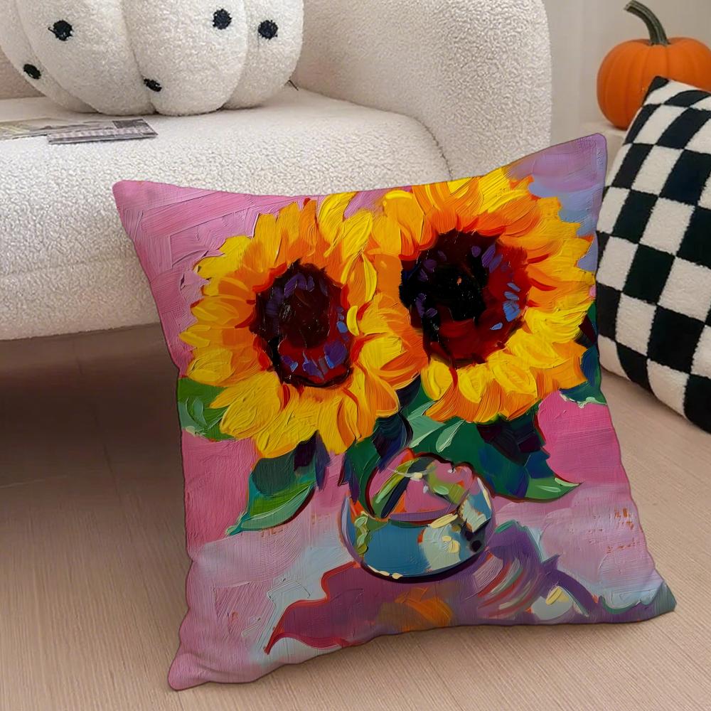 

Sunny Sunflower Floral Cushion Cover Throw Pillow Cover Hidden Button Durable Polyester Chair Cushion 40x40cm