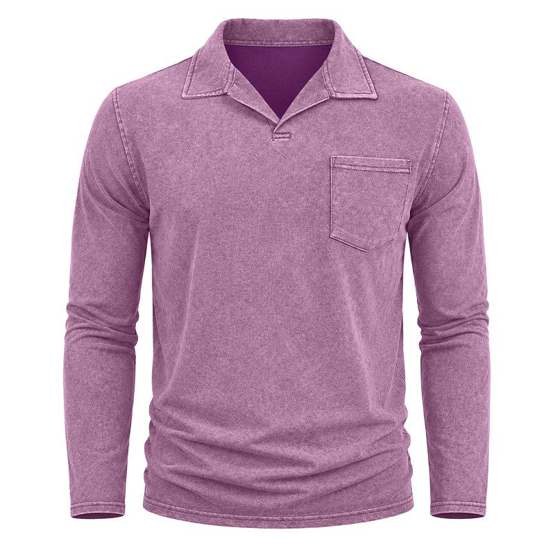 Men Vintage Washed Distressed Long Sleeve Polo Shirt Turn Down Collar Casual Top