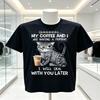Coffee and Cat Enthusiasts Tshirt Tiger Pattern Cat and Coffee Cup Printed Black Short Sleeve Round Neck Casual Tshirt