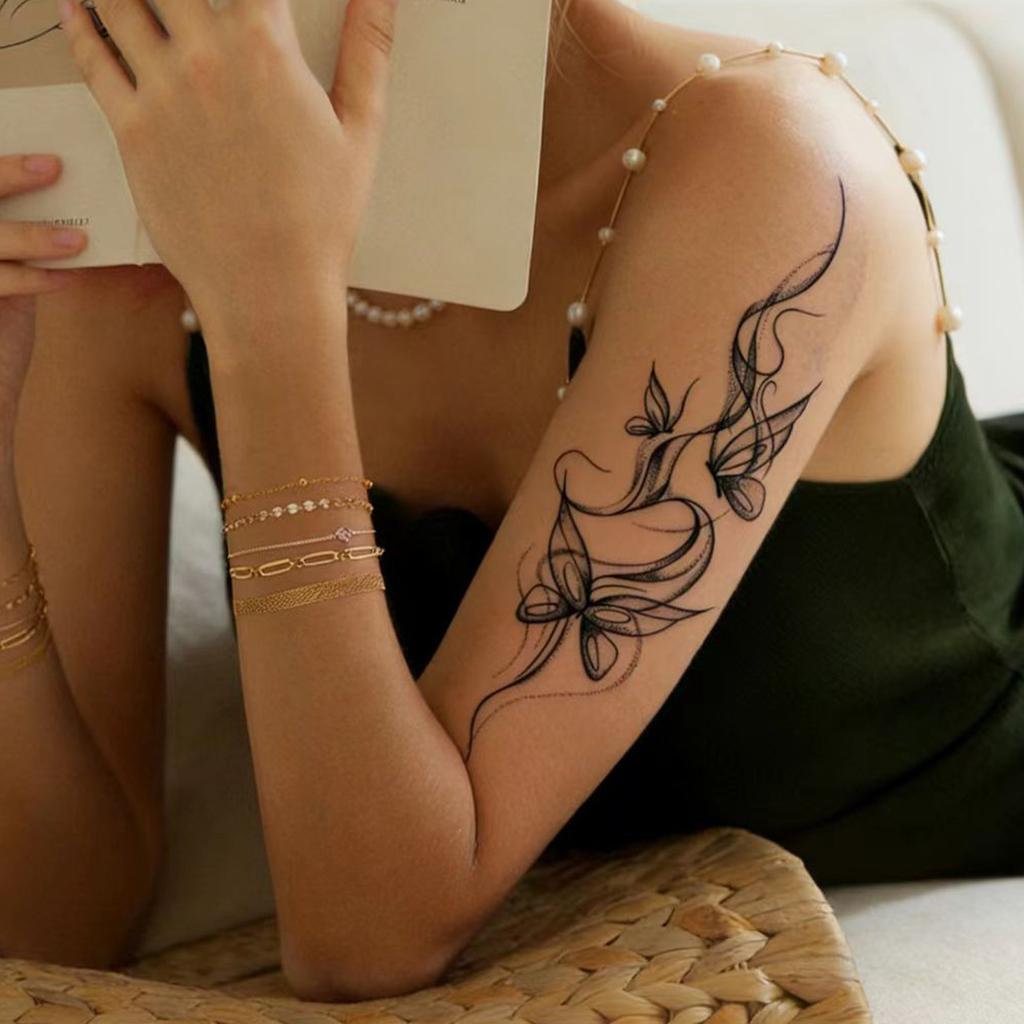 Line Butterfly Tattoo Sticker, Waterproof And Long-Lasting Simulation, Girls' Calf Flower Arm Advanced Tattoo Sticker