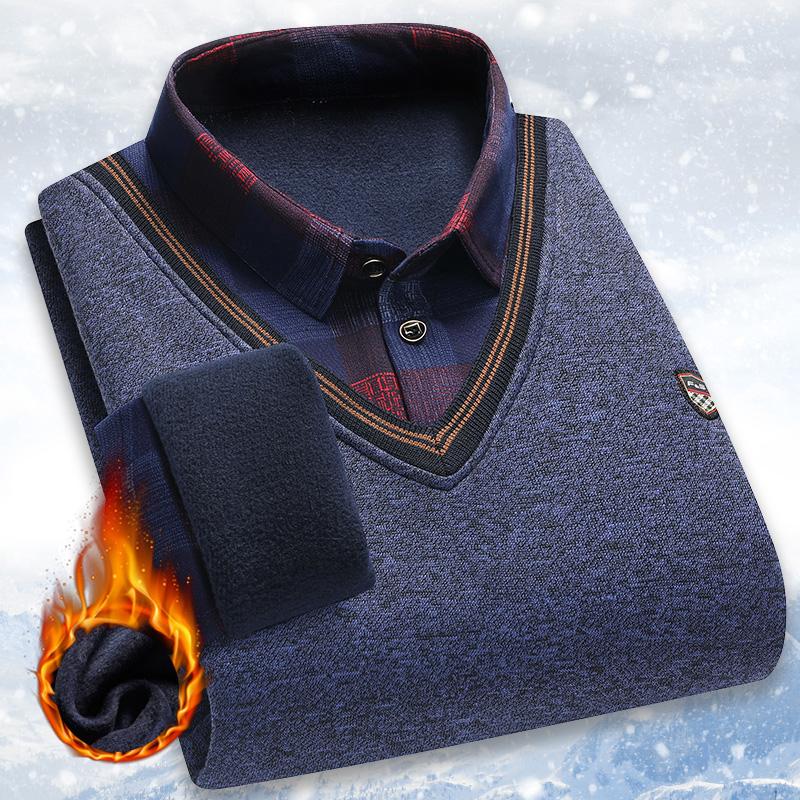 Vintage Plaid Sweater Pullover Men Thick Warm Knitwear Winter Autumn Patchwork Men's Fleeced Polo Collar Pullovers