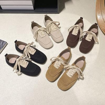 Square Head Lace-up Retro Single Shoes Autumn New Versatile Black Deep Mouth Matte Flat Women's Shoes