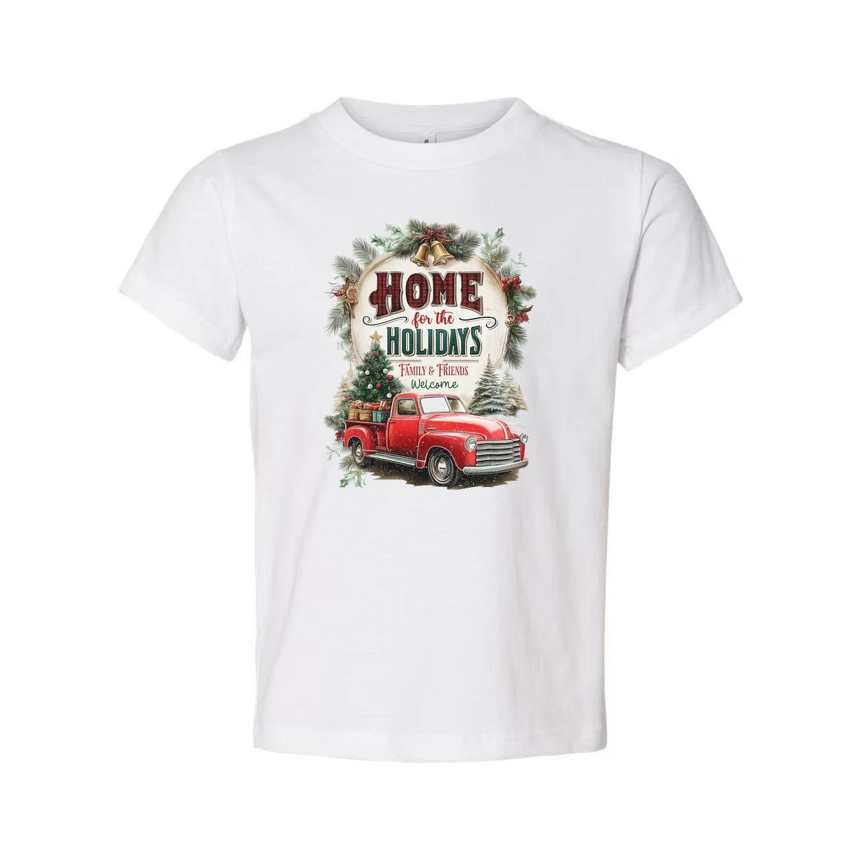 

Unisex Christmas T Shirt With Vintage Red Pickup Truck And Home For The Holidays 2XL