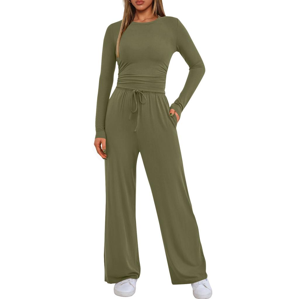 Women's Fall Two Piece Outfits Long Sleeve Tops Tee Shirts Wide Leg Pants Sets