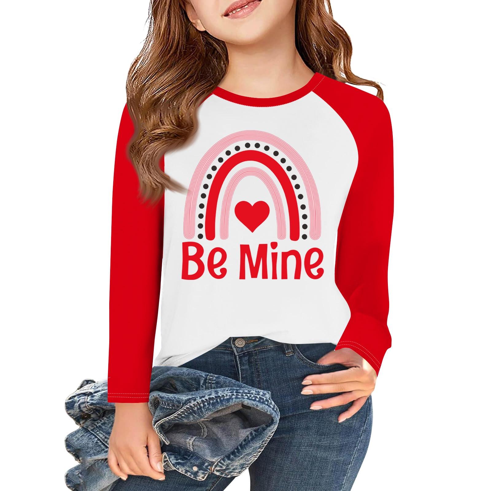 

Футболки с длинным рукавом для девочек Love ко Дню святого Валентина, детские осенние топы с круглым вырезом, базовые футболки для детей 5-14 лет 4 винный