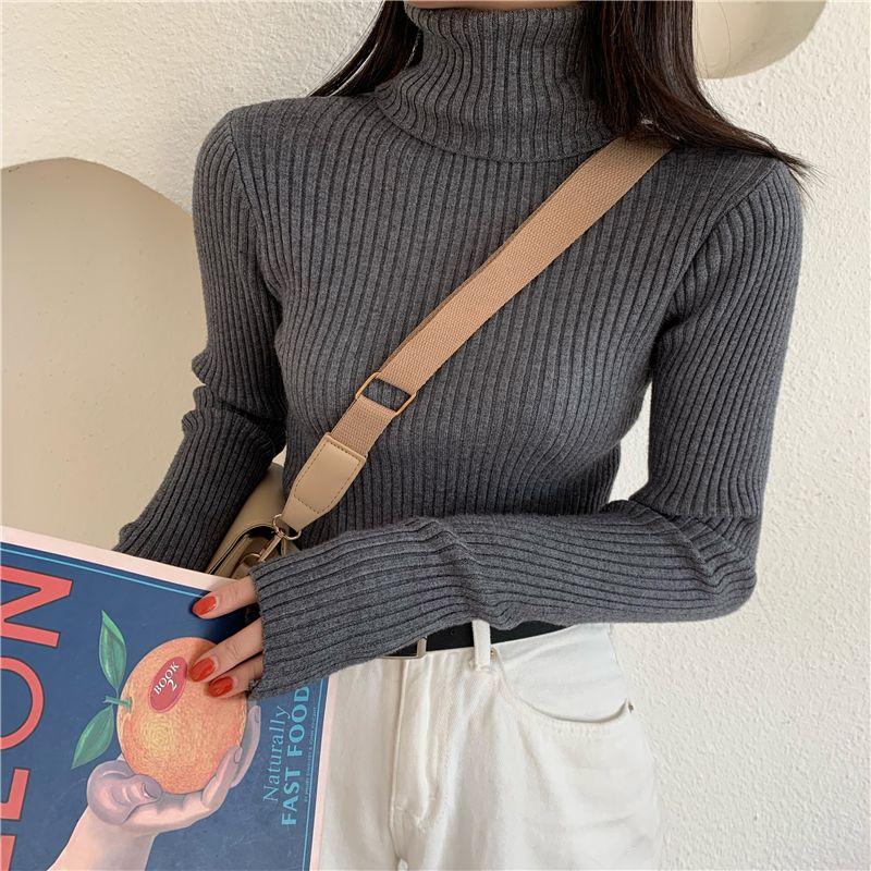 Kumikumi Basic Solid Turtleneck Long sleeve Knit Women clothes Autumn All-Match Slim fit Slimming Inner wear Top