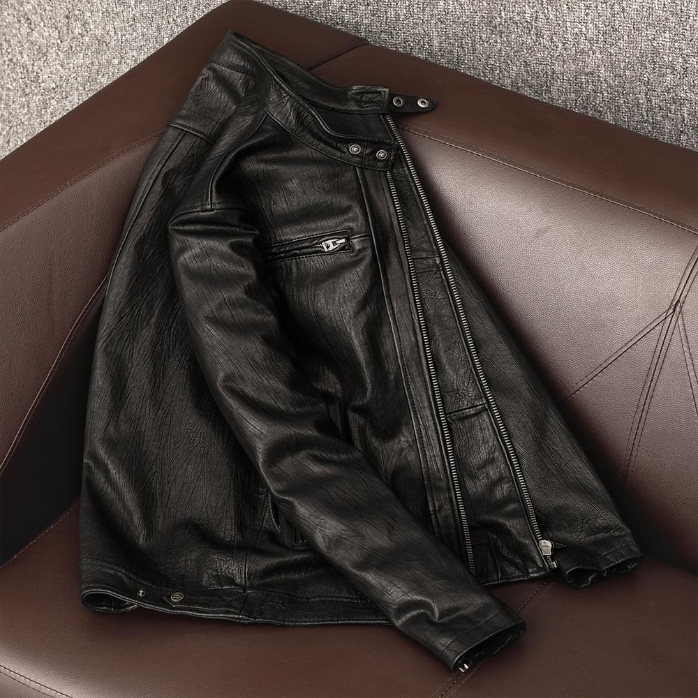 Italian Lambskin Vegetable Tanned Pure Top Grain Leather Jacket Men Retro Motorcycle Stand Collar Casual Coat