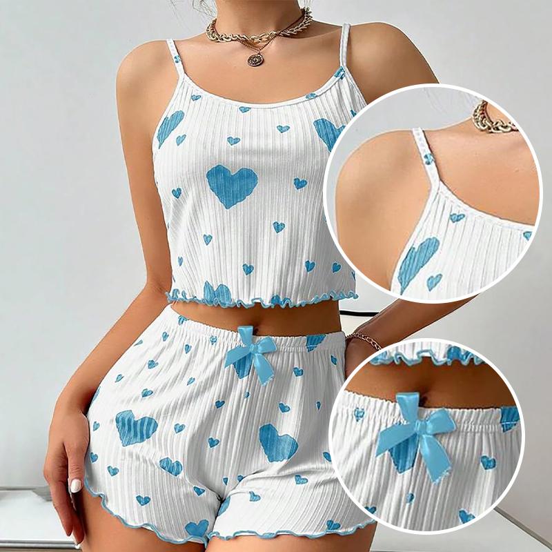 Damen Pyjama Set Nachtwäsche 2 Teile Kurze Tanktops und Shorts Weiß Belüftet Weich Lässig Liebe Druck CLE