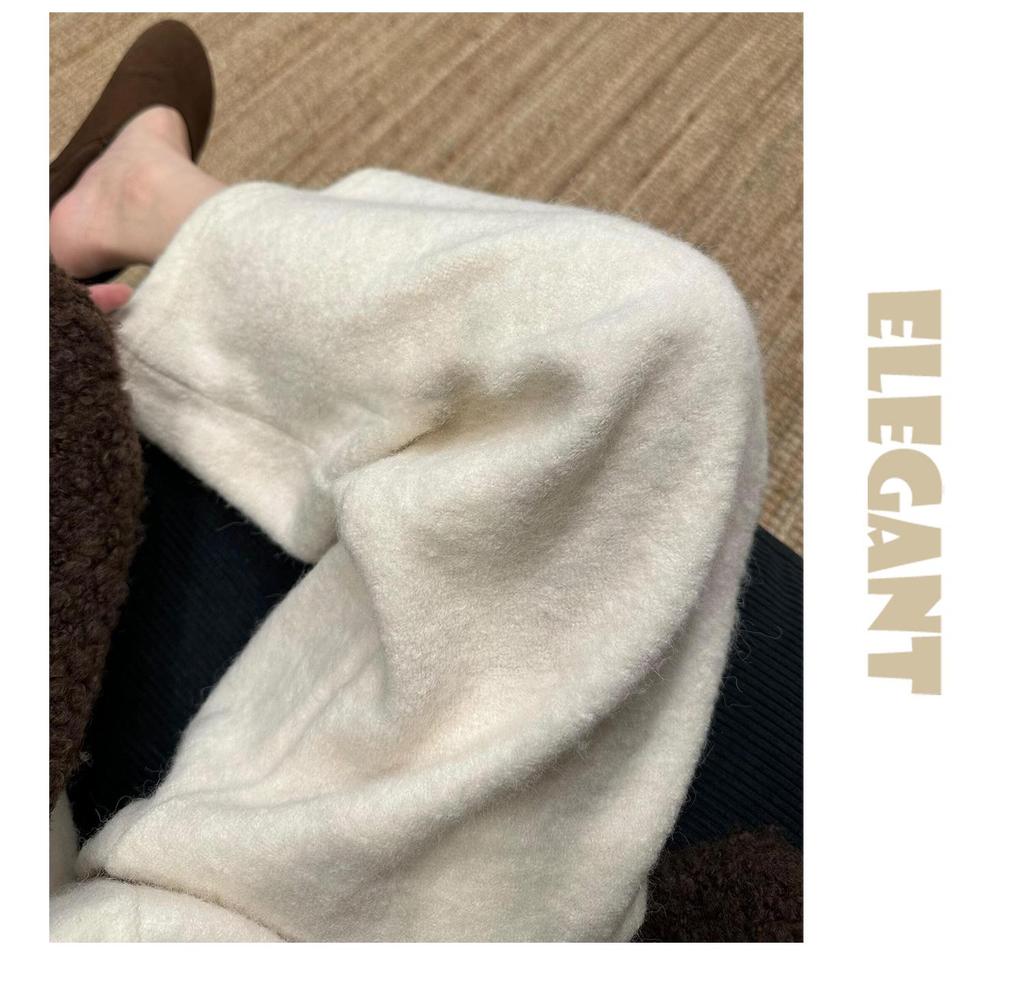 Women's Off-White Plush Wool High-Waist Wide-Leg Pants - Autumn/Winter Collection