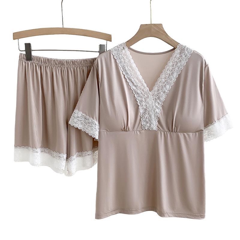 Women's Girly V-Neck Pajama Set with Built-in Bra - Casual, Comfortable, Short Sleeve Summer Home Wear, Loose Two-Piece